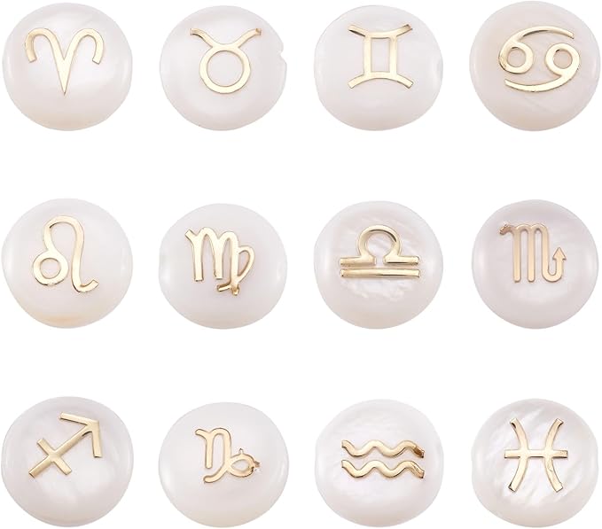FASHEWELRY 24pcs Zodiac Sign Freshwater Shell Beads Flat Round Shell Beads with Golden Plated for Birthday Bracelet Necklace Earring DIY Jewelry Making - Aries Bracelet for men