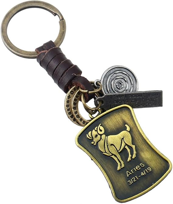 12 Constellations Keychain Hand-Woven Cowhide Key Ring Holder Car Keys Chain Horoscope Charms Astrology Gift - Aries Ring for men