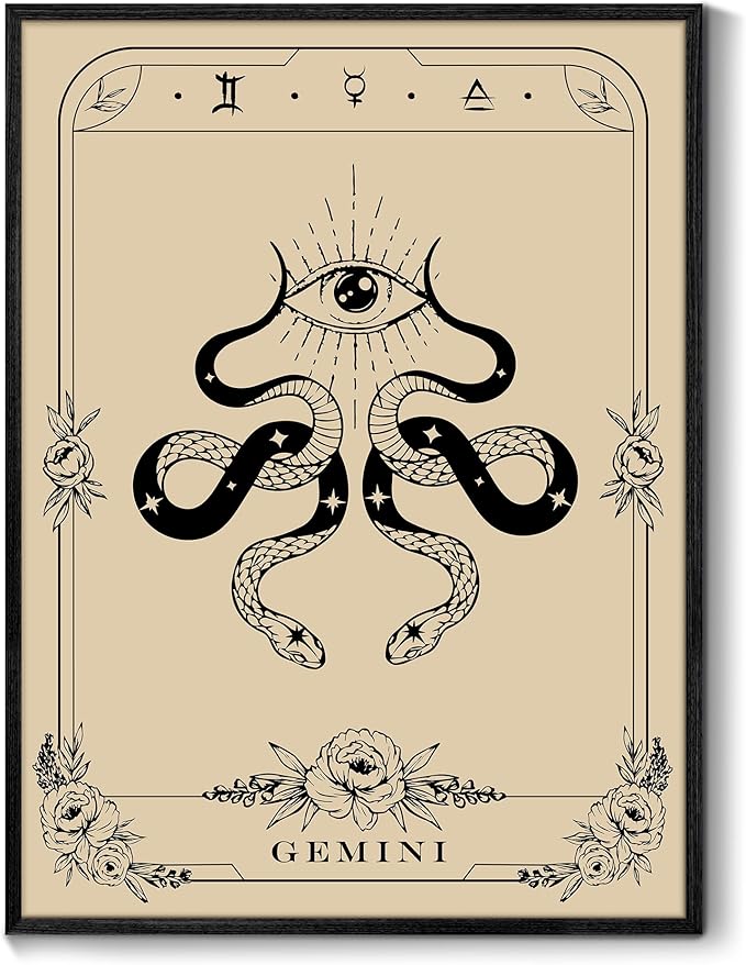 SERIMINO Witchy Framed Wall Art, Gemini Tarot Canvas Prints Paintings, Horoscope Dark Academia Home Decor Aesthetic, 16x24inch Gothic Wall Decor for Room - Gemini Canvas for men