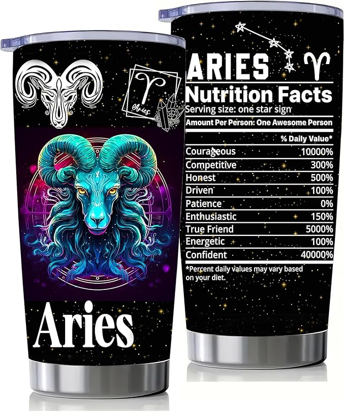 Aries Constellation Tumblers, Astrology Fans Gifts for Men and Women, 20oz Stainless Steel Insulated Tumblers with Lid, Double Wall Vacuum Water Cups for Hot & Iced Coffee Drinks - Aries Mug for men