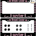 Breast Cancer Survivor License Plate Frame Pink Ribbon Car Front License Plate Personalise License Plate Frames Stainless Steel Metal Car Plates Tag Funny Decor Men Women 12.2"x6.2" 2Pcs - Cancer Car Accessories for men