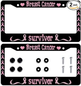 Breast Cancer Survivor License Plate Frame Pink Ribbon Car Front License Plate Personalise License Plate Frames Stainless Steel Metal Car Plates Tag Funny Decor Men Women 12.2"x6.2" 2Pcs - Cancer Car Accessories for men