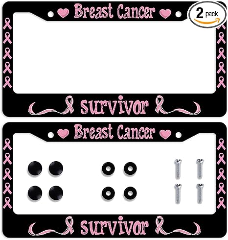 Breast Cancer Survivor License Plate Frame Pink Ribbon Car Front License Plate Personalise License Plate Frames Stainless Steel Metal Car Plates Tag Funny Decor Men Women 12.2"x6.2" 2Pcs - Cancer Car Accessories for men