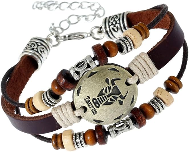 PAURO Women Men's Vintage Zodiac Sign 12 Constellation Round Coin Bracelet Weave Multilayer Brown Leather Wrap Constellation Bracelets - Taurus Products for men