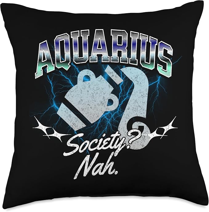 Aquarius Society Retro Bootleg Vintage 90s Astrology Print Throw Pillow - Aquarius Pillow for men