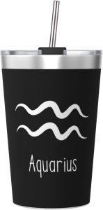 Aquarius Sign Coffee Mug, 12oz Car Cup Stainless Steel Vacuum Insulated Double Wall Travel Tumbler, Black - Aquarius Mug for men
