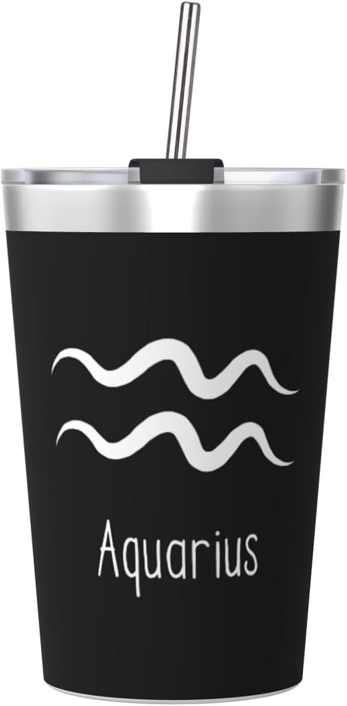 Aquarius Sign Coffee Mug, 12oz Car Cup Stainless Steel Vacuum Insulated Double Wall Travel Tumbler, Black - Aquarius Mug for men