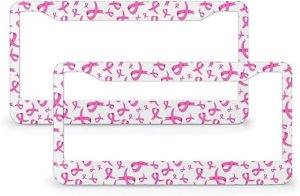 2 PCS Set License Plate Frame, Metal Aluminum Car Plate Frame Covers Breast Cancer Awareness Pink Ribbons White Car Tag Holder for Men Women Vehicle Accessory 12 x 6 Inch - Cancer Car Accessories for men