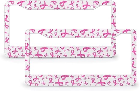 2 PCS Set License Plate Frame, Metal Aluminum Car Plate Frame Covers Breast Cancer Awareness Pink Ribbons White Car Tag Holder for Men Women Vehicle Accessory 12 x 6 Inch - Cancer Car Accessories for men