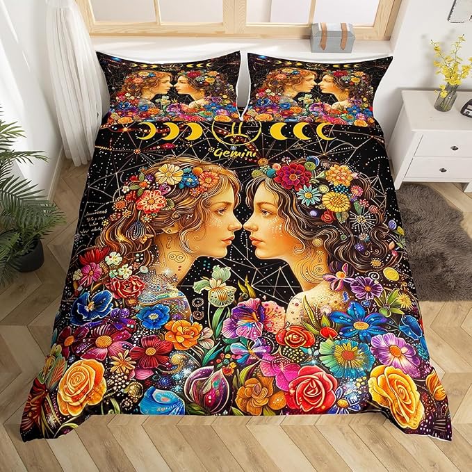 Gemini Zodiac Sign Duvet Cover King Size,Fairy Twins Twelve Star Constellation Bedding Set for Kids Boys Girls Room Decor,Sun Moon Comforter Cover,Colorful Flower Luxury Quilt Cover 3Pcs,2 Pillowcases - Gemini Blanket for men