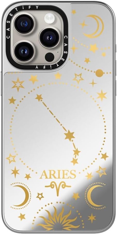 CASETiFY Mirror iPhone 15 Pro Max Case [Reflective / 4.9ft Drop Protection/Compatible with Magsafe] - Zodiac Star Sign Aries - Silver on Silver - Aries Phone Case for men