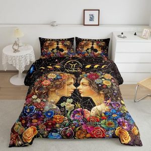 Gemini Zodiac Sign Comforter Set King Size,Fairy Twins Twelve Star Constellation Bedding Set for Kids Boys Girls Room Decor,Sun Moon Quilt Set,Colorful Flower Luxury Duvet Insert 3Pcs,2 Pillowcases - Gemini Blanket for men