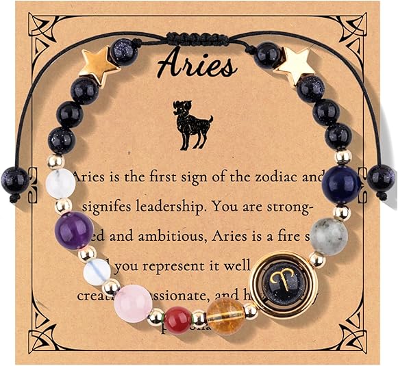 Zodiac Bracelets for Women 12 Constellations Natural Stone Beaded Stretchable Bracelet Birth Zodiac Sign Bracelets Horoscope Jewelry Gifts - Aries Bracelet for men