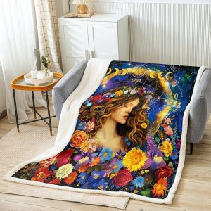 Virgo Throw Blanket,Constellations Astrology Zodiac Trippy Bed Blanket for Girls Boys Adults,Sun Moon Galaxy Daisy Flowers Fleece Blanket,Blue Romantic Fuzzy Blanket,40 x 50 Inches - Virgo Blanket for men