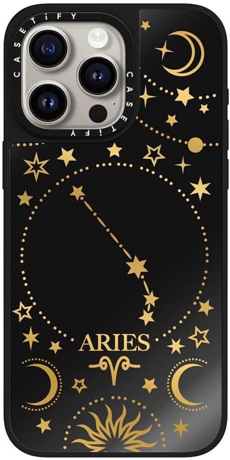 CASETiFY Mirror iPhone 15 Pro Max Case [Reflective / 4.9ft Drop Protection/Compatible with Magsafe] - Zodiac Star Sign Aries - Black on Black - Aries Phone Case for men