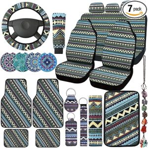 Frienda Baja Car Seat Covers Full Set Multicolor Stripe Covers Boho Print Steering Wheel Cover Seat Belt Cover Crystal Hanging Ornament Holders Fits for Car (Fresh Style) - Scorpio Car Seat Cover for men