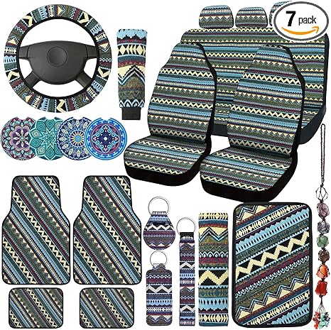 Frienda Baja Car Seat Covers Full Set Multicolor Stripe Covers Boho Print Steering Wheel Cover Seat Belt Cover Crystal Hanging Ornament Holders Fits for Car (Fresh Style) - Scorpio Car Seat Cover for men