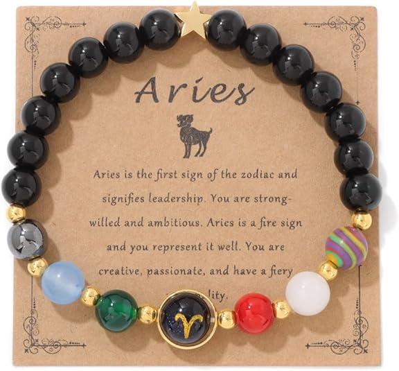 Zodiac Bracelets for Women Men 12 Constellations Healing Crystal Stretch Bracelet Zodiac Sign Natural Stone Beaded Bracelet Horoscope Spiritual Jewelry Birthday Gift - Aries Bracelet for men