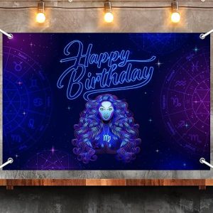 Virgo Happy Birthday Backdrop, Blue and Silver Birthday Background Drapes for Men Women Kids Boys Girls, 12 Constellation Zodiac Theme Birthday Party Decorations Supplies, 3.6ft x 6ft - Virgo Poster for men