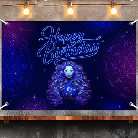 Virgo Happy Birthday Backdrop, Blue and Silver Birthday Background Drapes for Men Women Kids Boys Girls, 12 Constellation Zodiac Theme Birthday Party Decorations Supplies, 3.6ft x 6ft - Virgo Poster for men