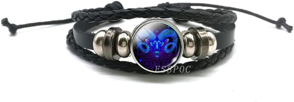 Yantinos New Men 12 Constellation Black Braided Leather Bracelet Punk Style Zodiac Sign Multilayer Weave Wrap Bracelet For Birthday Gifts - Aries Bracelet for men