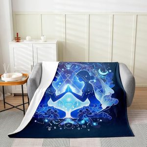 Gemini Bed Blanket,Boho Starry Constellations Astrology Zodiac Flannel Blanket for Room Decor,Mandala Flower Neon Blue Glitter Fleece Blanket for Kids Adults,Super Soft,Twin 60"x80" - Gemini Blanket for men