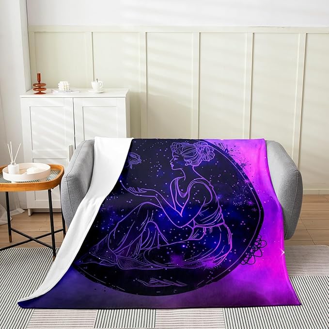 Manfei Virgo Throw Flannel Blanket,Glitter Constellations Astrology Zodiac Boho Fleece Throw Blanket for Home Decor Sofa Couch,Exotic Flower Neon Blue Purple Starry Fleece Blanket,40"x50" - Virgo Blanket for men