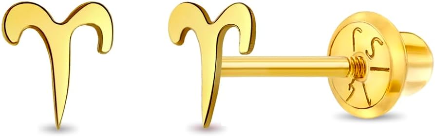 14k Yellow Gold Tiny Zodiac Sign Screw Back Earrings For Young Girls - Extra Small Horoscope Shaped Safety Screw Backs For Preteen Girls - Girls Horoscope Sign Earrings - Aries Earrings for men