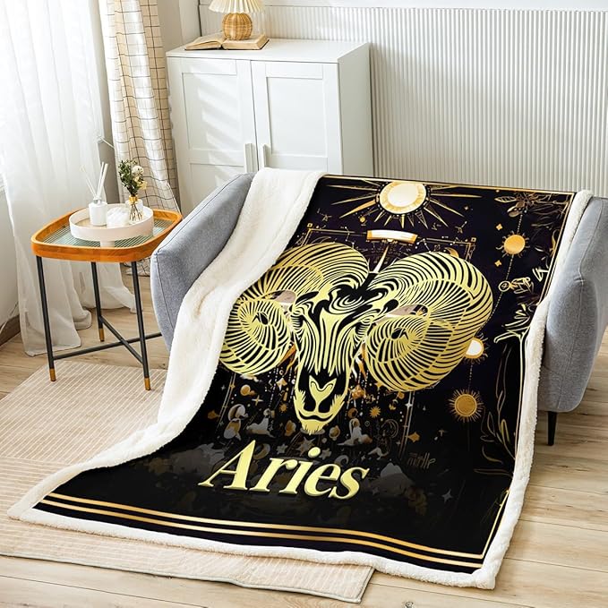 Feelyou Kids Twelve Constellations Fleece Throw Blanket 40"x50" Aries Sherpa Blanket for Bed Sofa Couch Room Decorations Western Astrology Zodiac Plush Blanket Bohemian Fuzzy Blanket - Aries Blanket for men