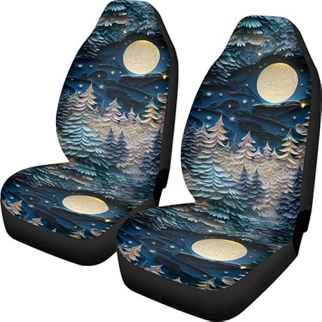 Paper Sculpture Forest Universal Fit Car Seat Cover Cartoon Tree Moon Print Auto Seat Covers Front Seats Washable Automotive Seat Covers for SUV, Sedan, Van - Aquarius Car Seat Cover for men