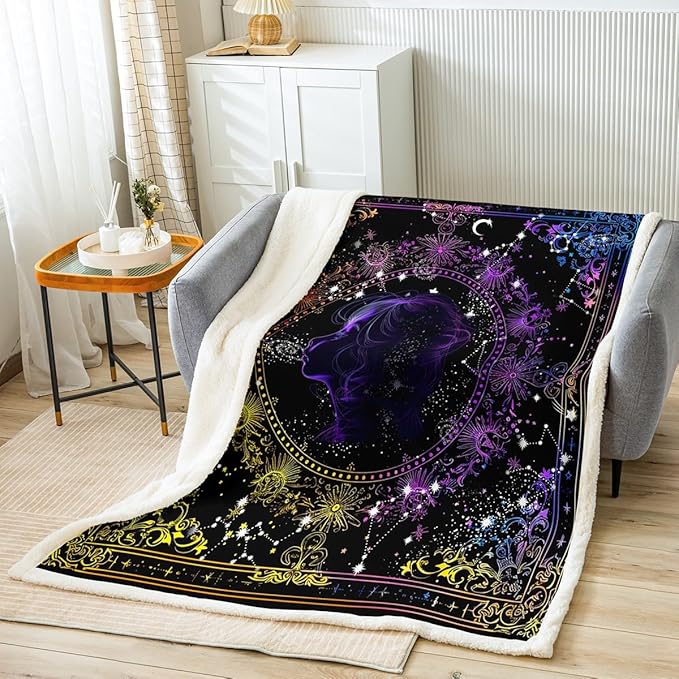 Feelyou Virgo Constellation Sherpa Blanket Kids Astrology Fleece Throw Blanket Zodiac Psychedelic Plush Blanket forHoroscope Fuzzy Blanket Throw 50"x60" - Virgo Blanket for men