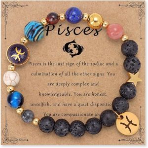 Zodiac Beaded Bracelets for Women, 12 Constellations Crystal Stone Bracelet for Birthday Zodiac Gifts, 18k Gold Constellation Charm Bracelet Jewellery - Pisces for men