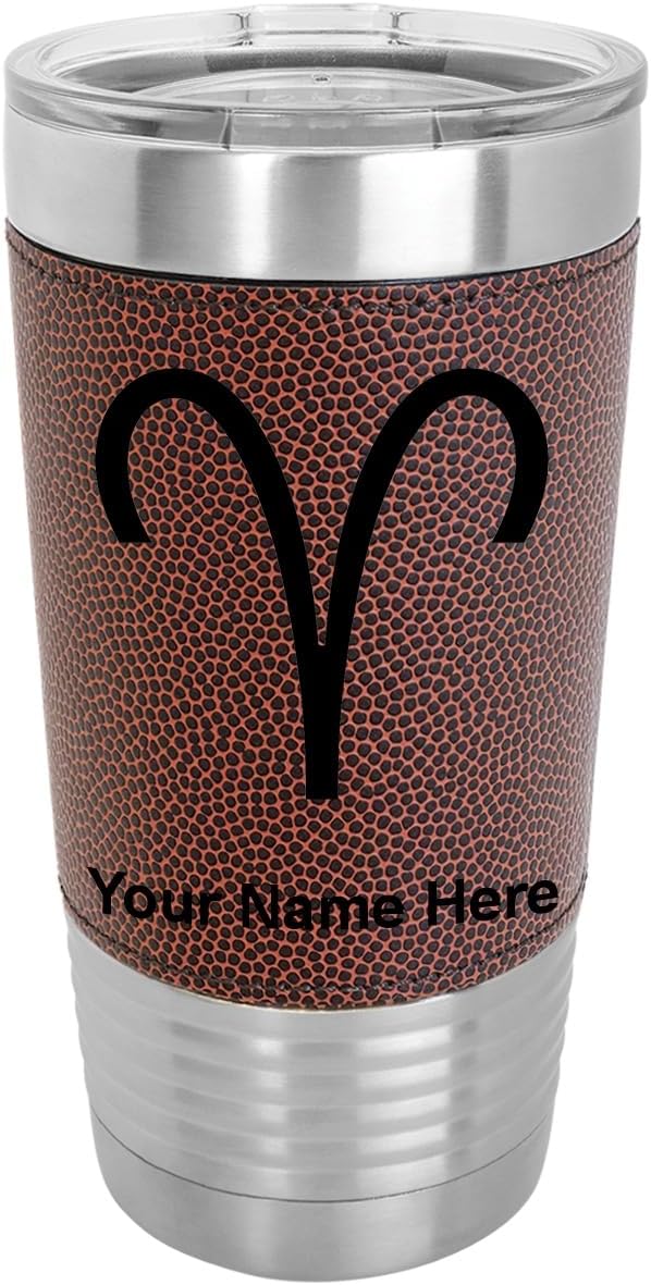 LaserGram 20oz Vacuum Insulated Tumbler Mug, Zodiac Sign Aries, Personalized Engraving Included (Faux Leather, Football Style) - Aries Mug for men