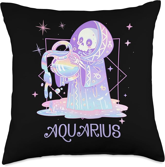 Kawaii Pastel Goth Zodiac Sign Astrology Celestial Aquarius Throw Pillow - Aquarius Pillow for men