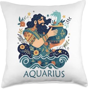 Floral Zodiac Aquarius Water Bearer Retro Astrology Sign Throw Pillow - Aquarius Pillow for men