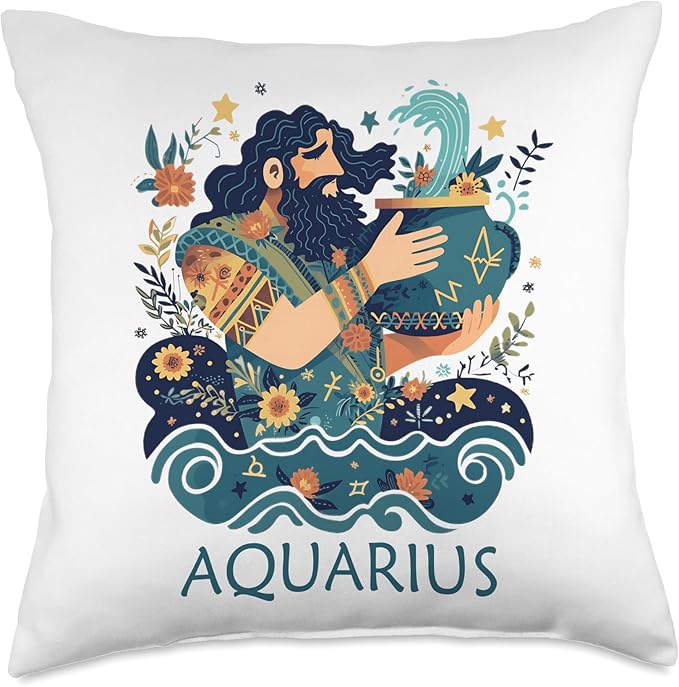 Floral Zodiac Aquarius Water Bearer Retro Astrology Sign Throw Pillow - Aquarius Pillow for men