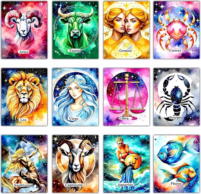 PARTH iMPEX Zodiac Wall Art - Astrology Spiritual Room Decor - Aesthetic Astronomy Pictures for Bedroom or Office - 8x10 Unframed Prints - Pisces, Leo, Libra, Aries & More - Aries Poster for men