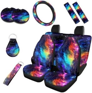 Colorful Starry Sky Print Car Seat Covers, Rainbow Art Galaxy Outer Space Universe Pattern Front Back Seat Cover Set of 10 Pack Ultra-Soft Universal Fit for Cars - Aquarius Car Seat Cover for men