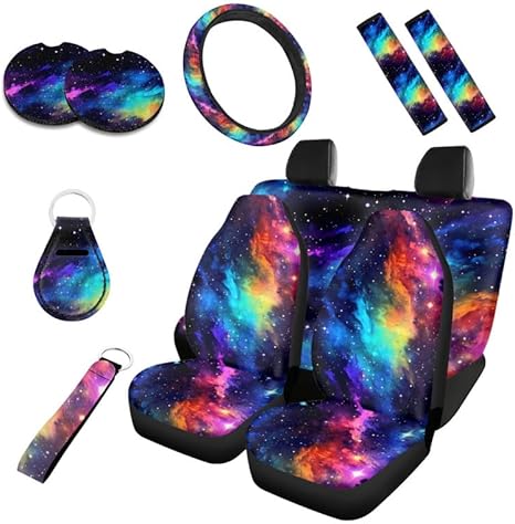 Colorful Starry Sky Print Car Seat Covers, Rainbow Art Galaxy Outer Space Universe Pattern Front Back Seat Cover Set of 10 Pack Ultra-Soft Universal Fit for Cars - Aquarius Car Seat Cover for men