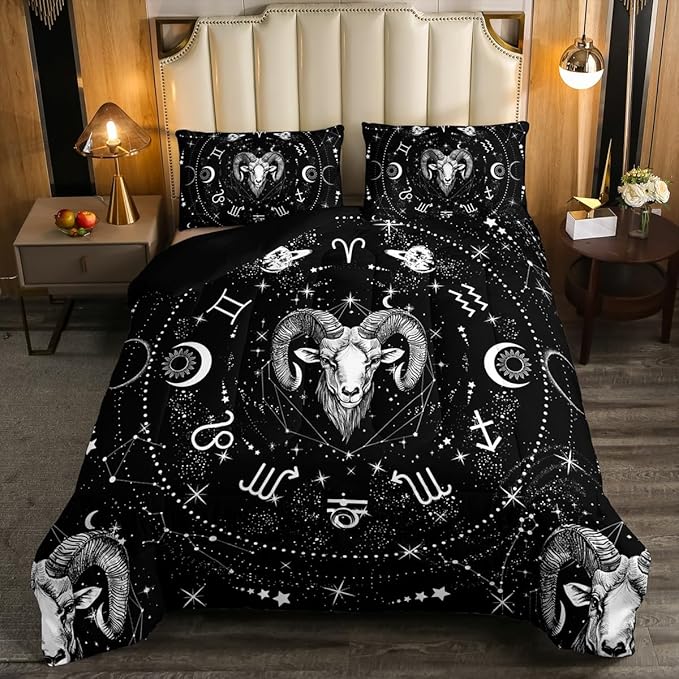 Erosebridal Sun and Moon Comforter Set King Size, Zodiac Aries Bedding Set Spiritual Gifts for Girls Women, Galaxy Constellation Duvet Insert Starry Sky Universe Quilt, Black White Bedroom Decor - Aries Blanket for men