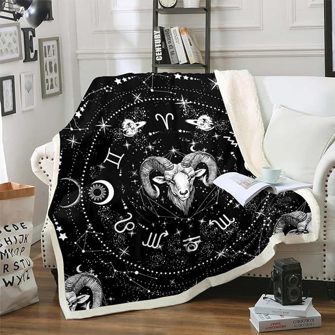 Erosebridal Sun and Moon Fleece Blanket Twin Size, Zodiac Aries Sherpa Blanket Spiritual Gifts for Girls Women, Galaxy Constellation Throw Blanket Starry Sky Universe Fuzzy Blanket, Black White - Aries Blanket for men