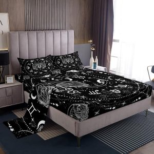 Erosebridal Sun and Moon Sheets Queen, Constellation Gemini Bed Sheets for Kids Teens Adult, Zodiac Signs Astrology Sheet Set Starry Sky Galaxy Top Sheet with 2 Pillow Cases,Black White - Gemini Blanket for men