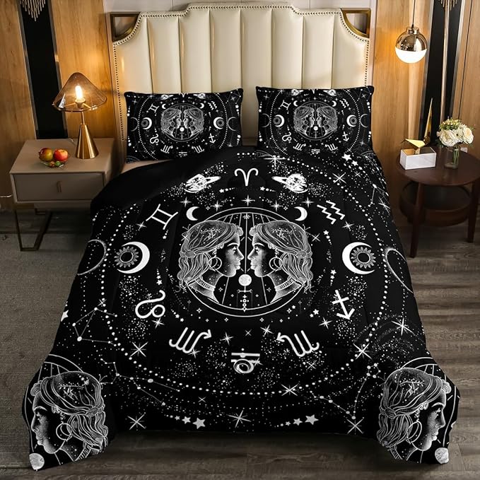 Erosebridal Sun and Moon Bedding Set Queen Size, Constellation Gemini Comforter Set for Kids Teens Adult, Zodiac Signs Astrology Quilt Starry Sky Galaxy Down Comforter with 2 Pillow Cases,Black White - Gemini Blanket for men