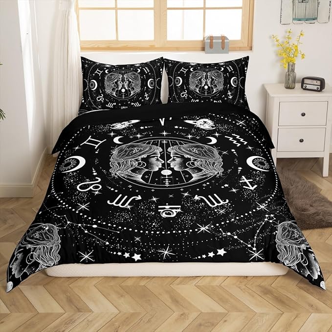 Erosebridal Sun and Moon Comforter Cover Queen, Constellation Gemini Duvet Cover for Kids Teens Adult, Zodiac Signs Astrology Bedding Set Starry Sky Galaxy Bed Cover with 2 Pillow Cases,Black White - Gemini Blanket for men