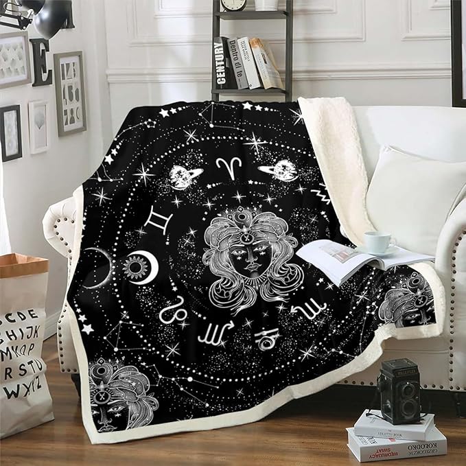 Erosebridal Constellation Throw Blanket Throw Size, Starry Sky Virgo Fleece Blanket for Girls Women, Sun and Moon Sherpa Blanket Zodiac Signs Astrology Fuzzy Blanket Galaxy Bedroom Decor, Black White - Virgo Blanket for men