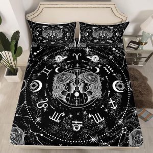 Erosebridal Sun and Moon Bed Sheet Queen, Constellation Gemini Fitted Sheet for Kids Teens Adult, Zodiac Signs Astrology Bedding Set Starry Sky Galaxy Sheets with 2 Pillow Cases,Black White - Gemini Blanket for men