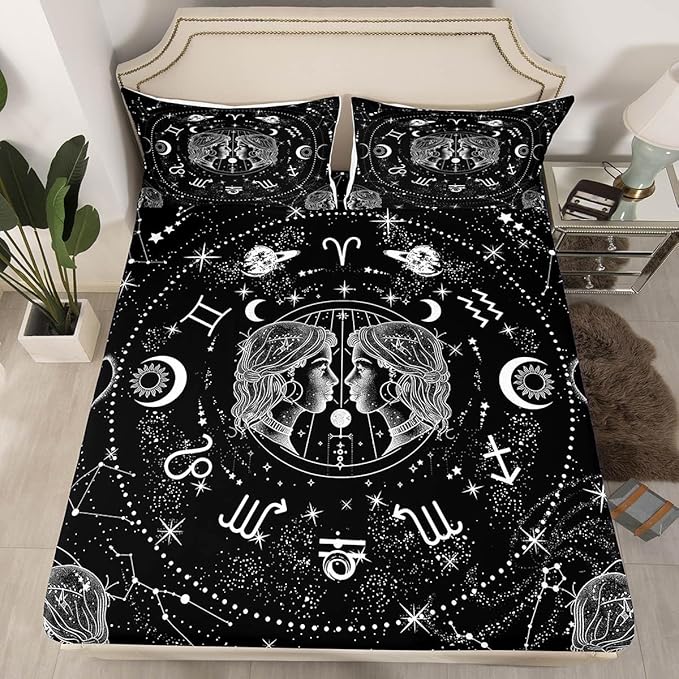 Erosebridal Sun and Moon Bed Sheet Queen, Constellation Gemini Fitted Sheet for Kids Teens Adult, Zodiac Signs Astrology Bedding Set Starry Sky Galaxy Sheets with 2 Pillow Cases,Black White - Gemini Blanket for men