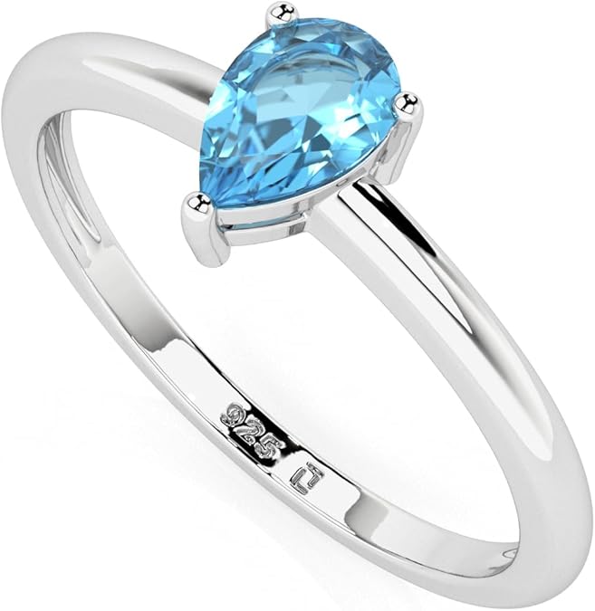 Natural Swiss Blue Topaz Stackable Ring for Women in Sterling Silver, November Birthstone Jewelry Gifts for Her (Round, Oval, Pear) - Aries Ring for men