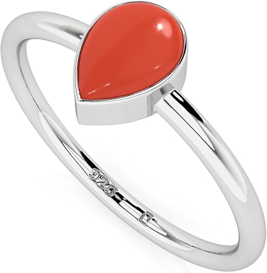 Natural Red Coral Stackable Ring for Women in Sterling Silver, April Birthstone Jewelry Gifts for Her (Round, Oval, Pear) - Aries Ring for men
