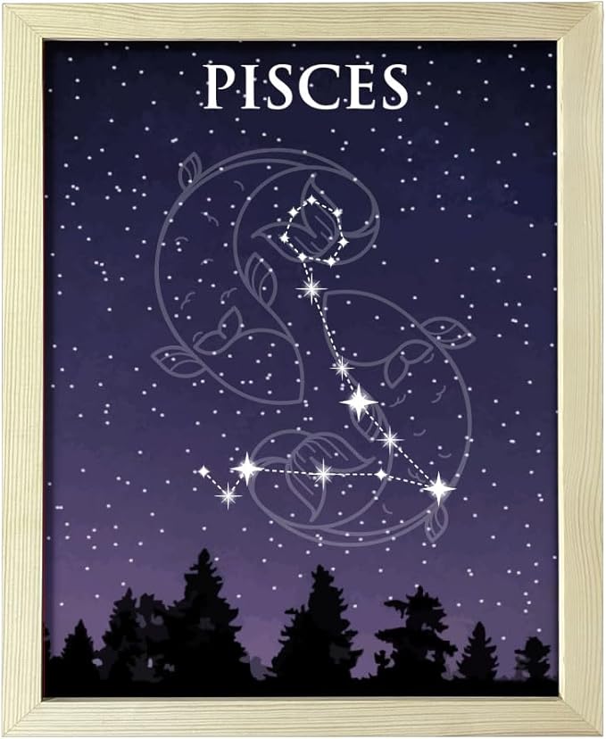 Designs ByLITA Pisces Zodiac Sign Night Sky, 8 x 10 Wooden Wall Print Inspirational (Framed) | Home and Office Decor | Astrology Star Sign Bedroom Decoration - Pisces Canvas for men